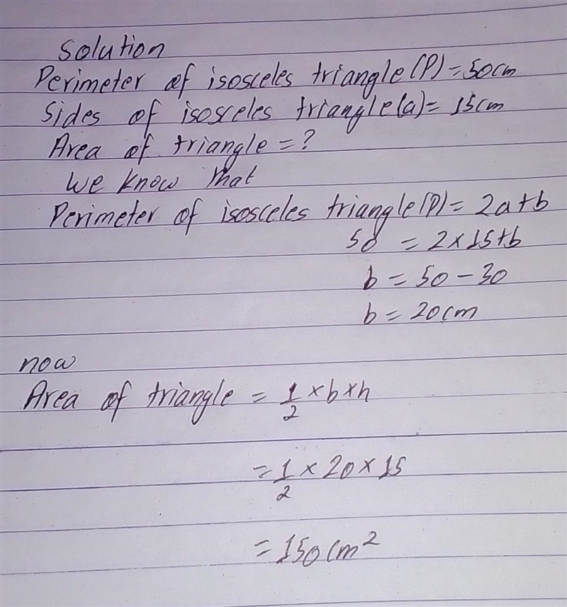 An isosceles triangle has perimeter 50cm and each of the equal sides is 15 cm. find-example-1