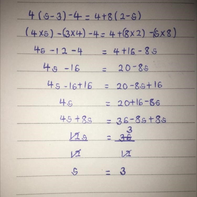 4(s−3)−4=4+8(2−s) What is s? Please give step by step explanation so I won't need-example-1