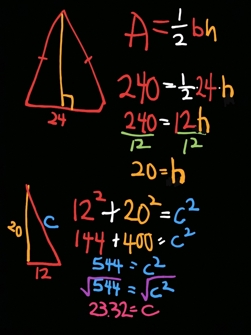 The area of an issoseles triangle is 240 if the base is 24cm find the length of each-example-1