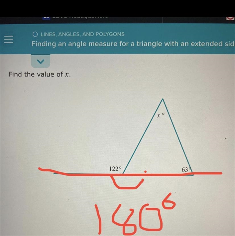 Find the value of x. 122° 63-example-1