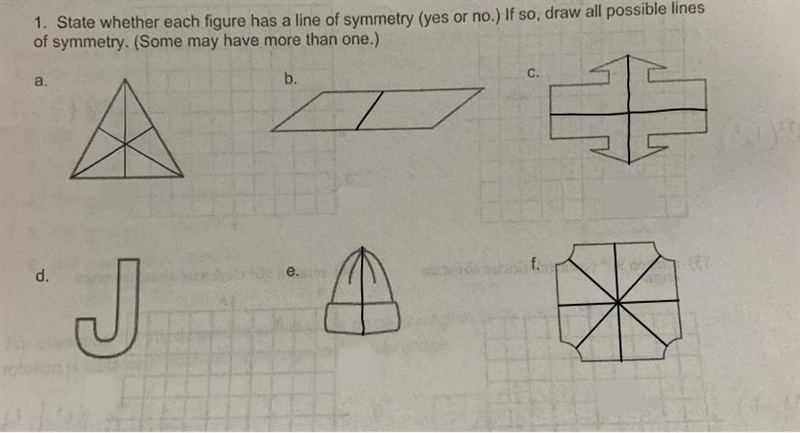 State whether each figure has a line of symmetry (yes or no.) If so, draw all possible-example-1