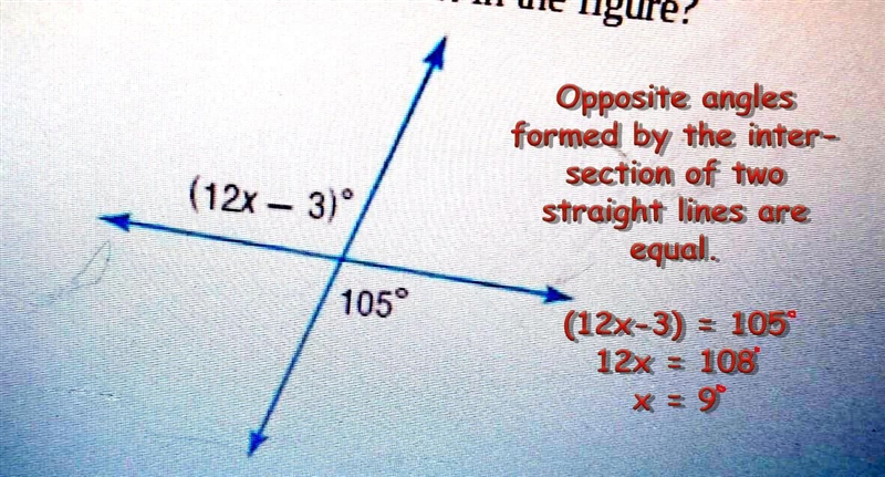 23. What is the value of x in the figure? (12x - 3)° 105°​-example-1