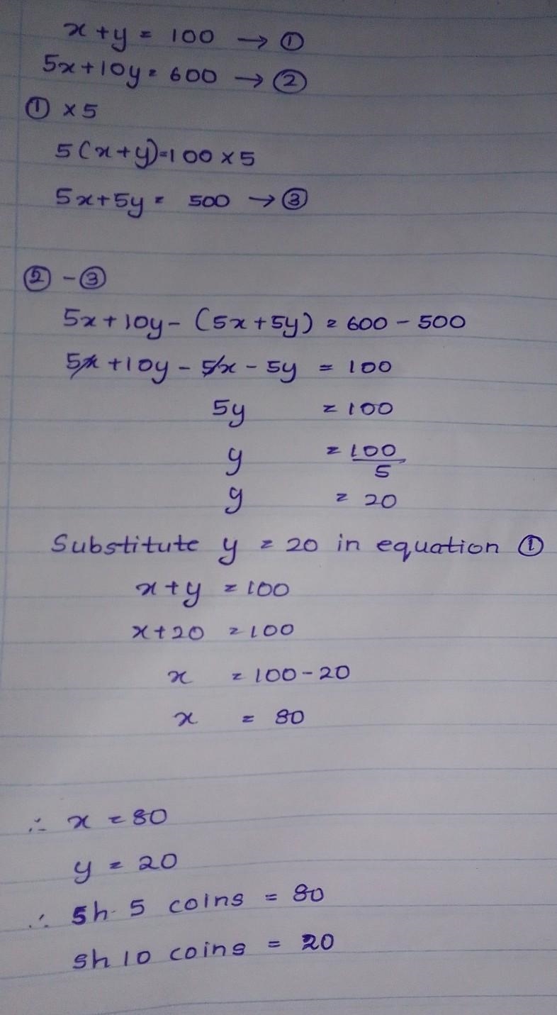 kassim has amoney box containing 100 mixed sh 5 and sh 10 coins with a totalvalue-example-1