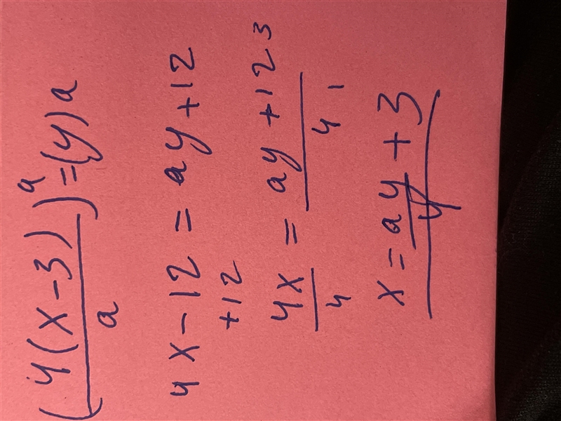 Rearrange to make x the subject 4(x-3)/a=y-example-1