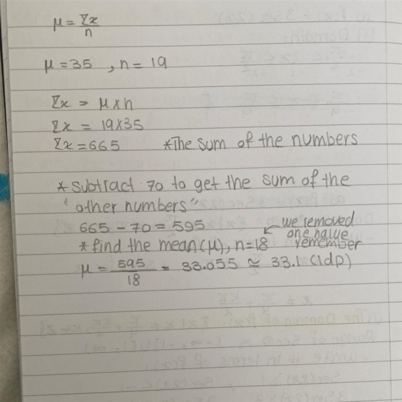 The mean of 19 numbers is 35. One of these numbers is 70. Determine the mean of the-example-1