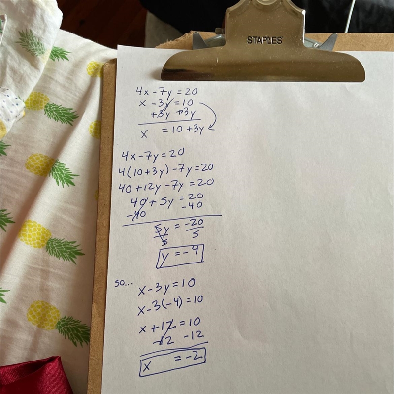 Use the substitution method to solve the linear system. 4×- 7y = 20 X- 3y = 10-example-1