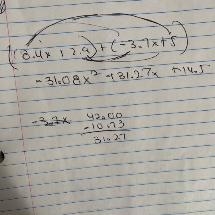 Select the expression equivalent to (8. 4x+2. 9)+(−3. 7x+5).-example-1