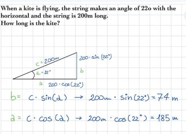 When a kite is flying, the string makes an angle of 22° with the horizontal, and the-example-2