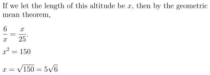 How long is the altitude of a right triangle that separates the hypotenuse into lengths-example-1