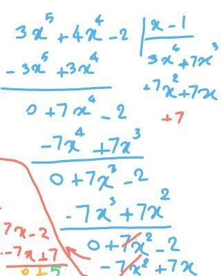 What is the remainder when 3x5 + 4x4 - 2 is divided by x - 1?-example-1