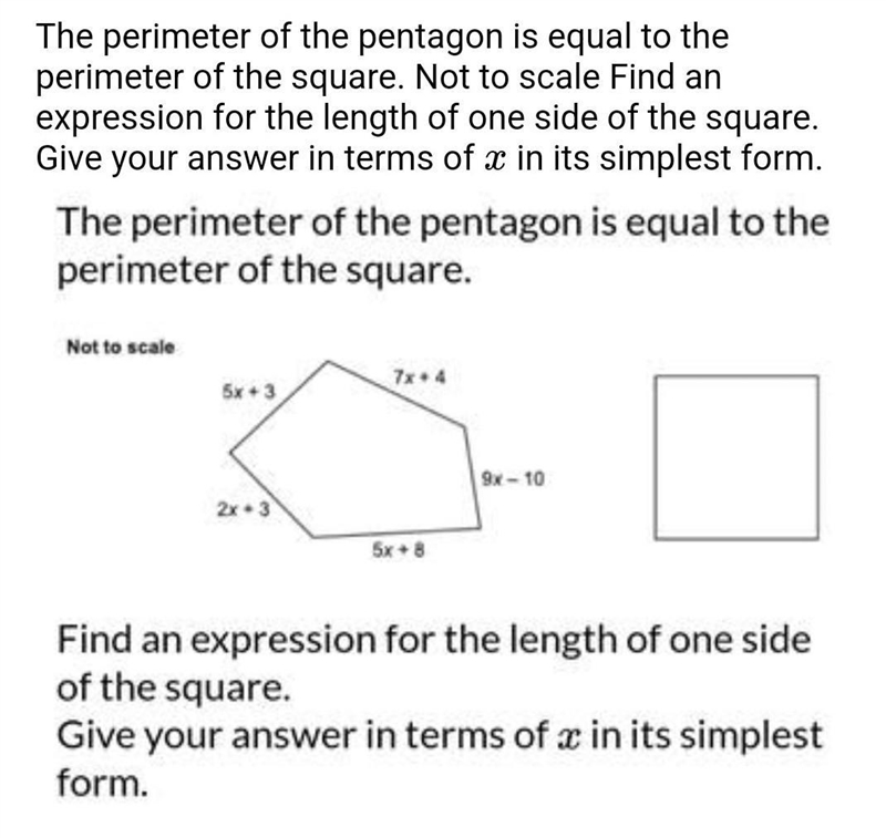 16 The perimeter of the pentagon is equal to the perimeter of the square. Not to scale-example-1