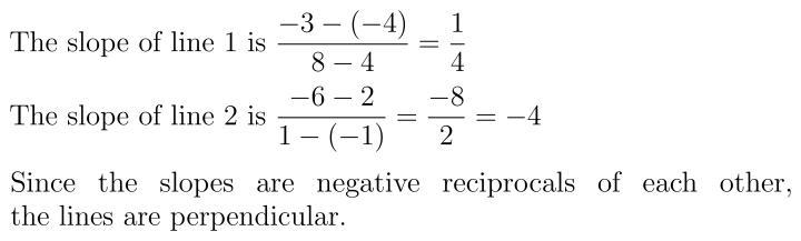 Line 1 passes through points ( 4 , − 4 ) and ( 8 , − 3 ) while line 2 passes through-example-1