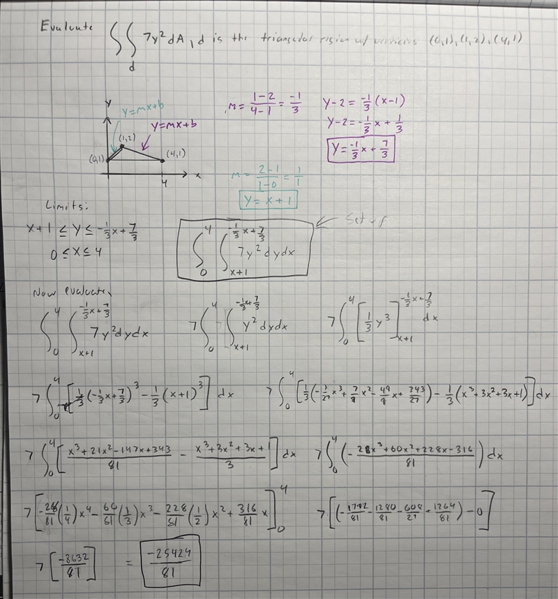 evaluate the double integral. 7y2 da, d is the triangular region with vertices (0, 1), (1, 2), (4, 1) d-example-1