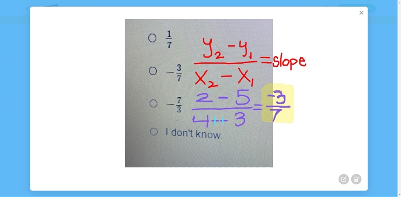 What is the slope of the line that passes through the points (-3, 5) and (4, 2)?-example-1