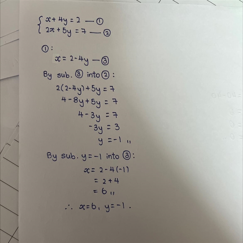 \left \{ {{x+4y=2} \atop {2x+5y=7}} \right.-example-1