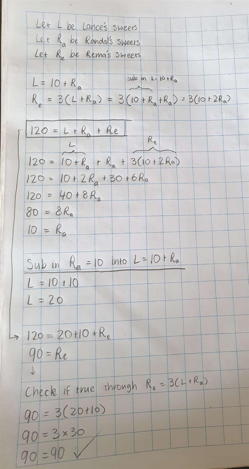 Lance recieved 10 more sweets than Randal and Rema recieved three times the amount-example-1