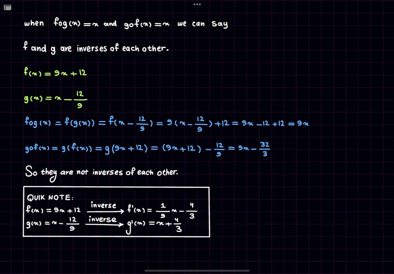 Determine if the two functions f and g are inverses of each other algebraically. If-example-1