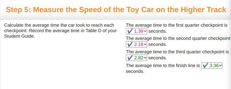 Calculate the average time the car took to reach each checkpoint. Record the average-example-1