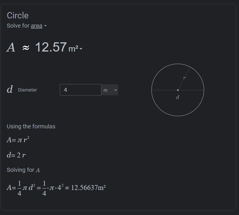 Find the area of the circle. Use 3.14 for T. d = 4 m A = [?] m² A = πr² Enter​-example-1