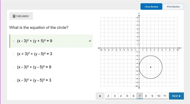 PLS HELP MEE!! What is the equation of the circle? (x - 3)² + (y + 5)² = 9 (x - 3)² + (y-example-1