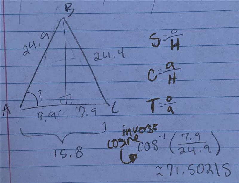 In Δ​ABC, AB=24.9​, AC=15.8​, and BC=24.4. What is m∠​A?-example-1