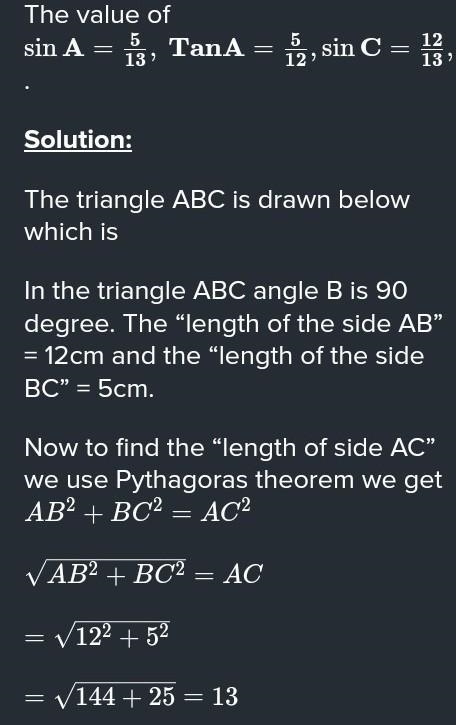 Given the right triangle below, if AB = 12 and BC = 5, find AC.-example-1