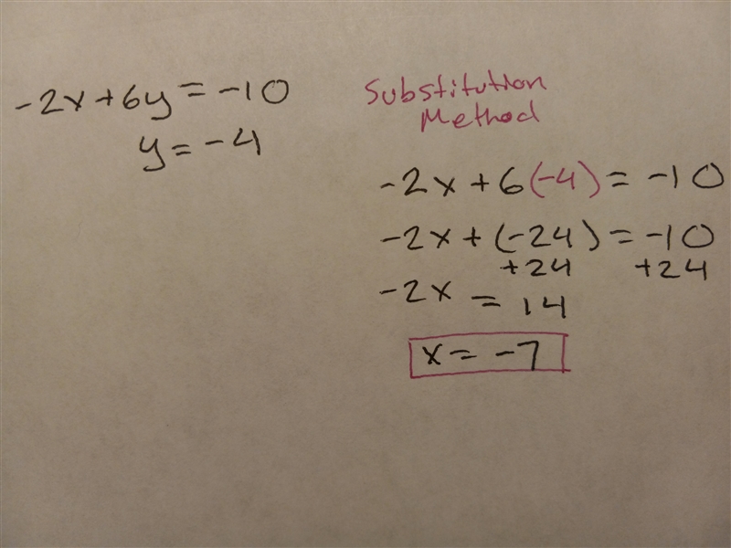 Solve algebraically using substitution or elmantion your choise -2x + 6y = -10 y = -4-example-1