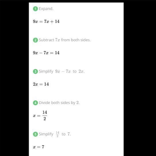 0) 2) Solve the equation 9x = 7(x + 2). A) -7 B)-1 1 D) 7-example-1