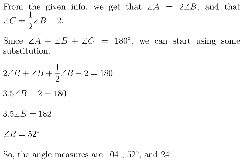 The angles of a triangle are described as follows: angle a is the largest angle; its-example-1