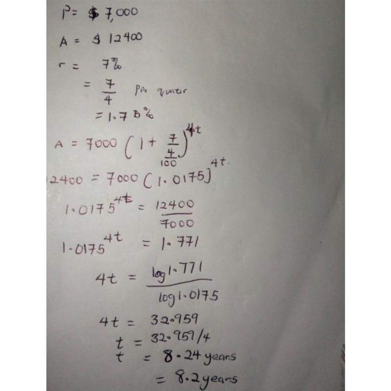 A person invests 7000 dollars in a bank. The bank pays 7% interest compounded quarterly-example-1