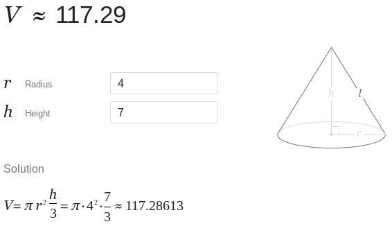 A cone has a height of 7 ft and a radius of 4 fr which equation can find the volume-example-1