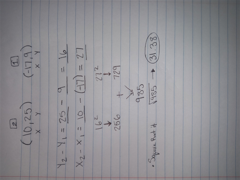 Find the distance between the pair of points (10,25) and (-17,9)-example-1