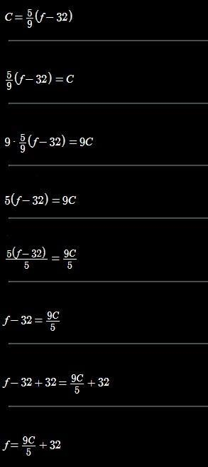 A formula for converting degrees Fahrenheit (F) to degrees Celsius(C) is given by-example-1