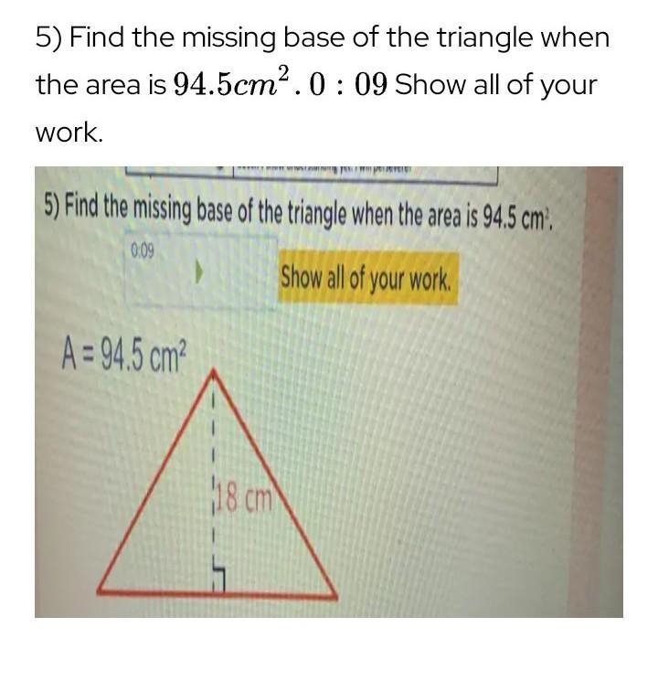 Find the missing base of the triangle when the area is 94.5cm2-example-1