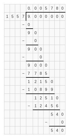 Step by step explanation long divison 9 divided by 1557-example-1