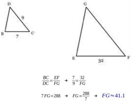 Triangle BSD is similar to triangle EFG. Find measure of side FG. Round your answer-example-1