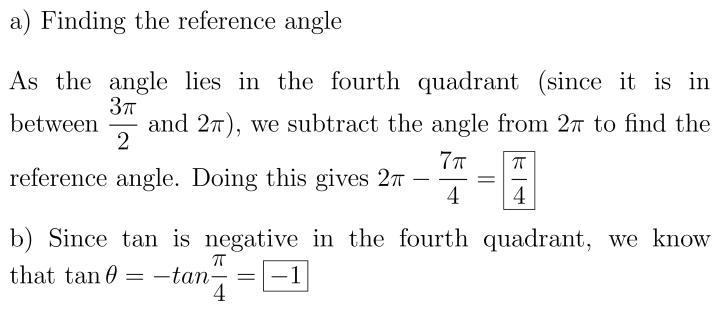 The measure of angle is 0 is 7pi/4. The measure of its reference angle is ___ °, and-example-1