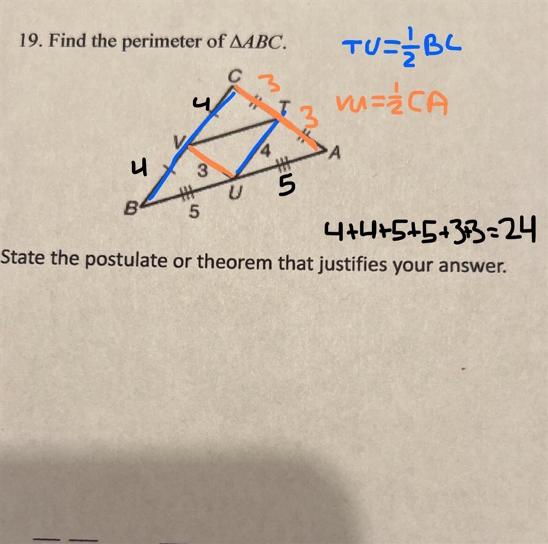 Find the perimeter of ABC state the postulate or theorem that justifies your answer-example-1