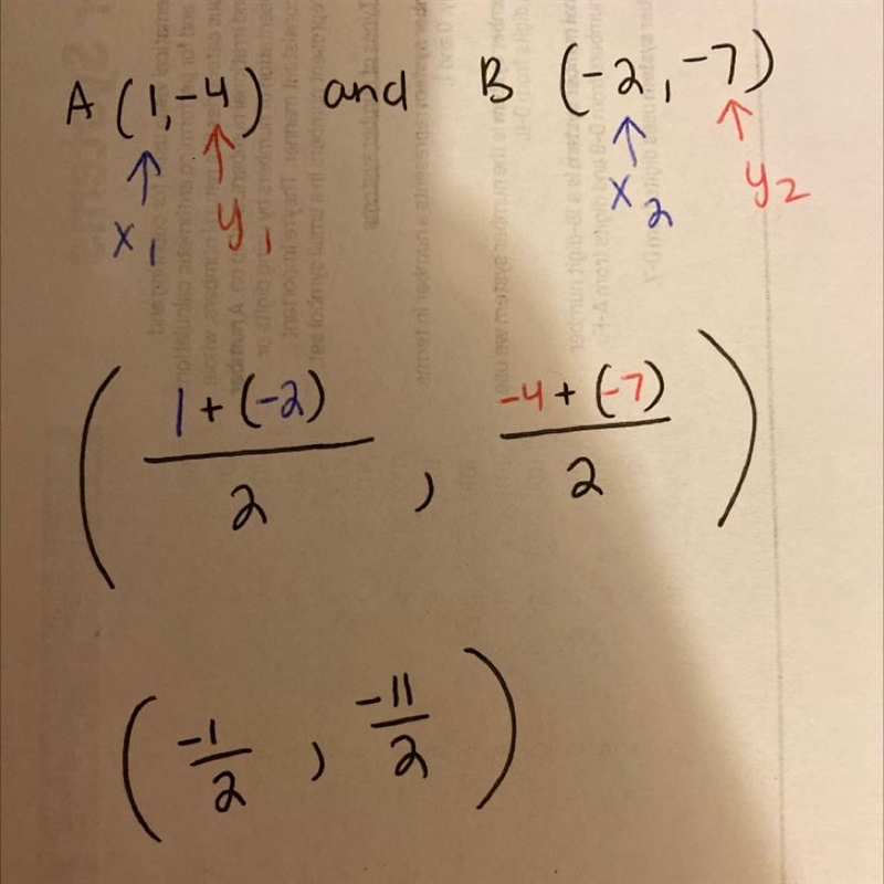 Fing the midpoint of A(1-4) and B(-2;-7)​-example-1