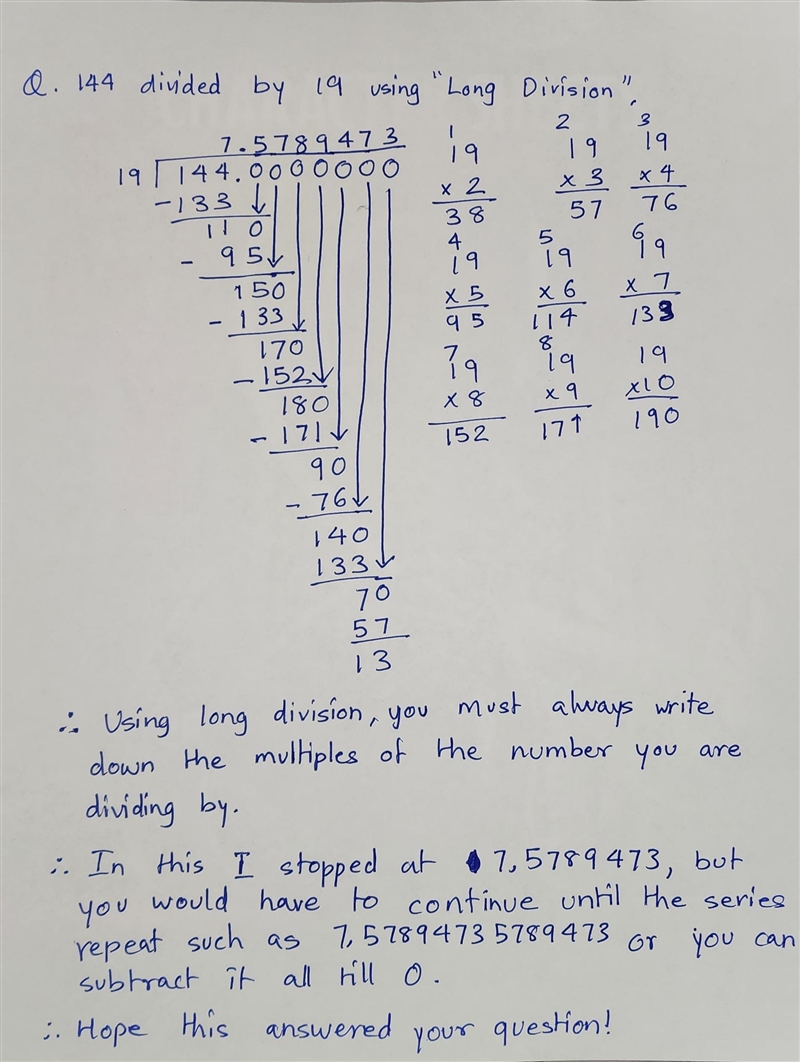 144 divided by 19 using long division and explanation/prove it i have a test and im-example-1