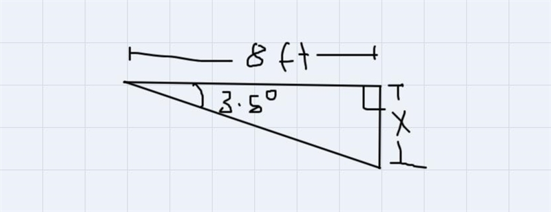 A crane is being set up on a slope of 3.5°. If the base of the crane is 8.0 ft wide-example-1