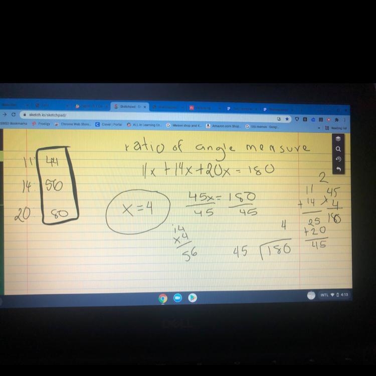 The ratio of the angle measures in a triangle is 11 : 14 : 20. Find the angle measures-example-1