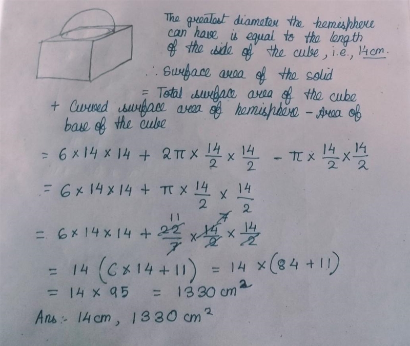 A cube of side 14 cm is surmounted by a hemisphere. What is the greatest diameter-example-1