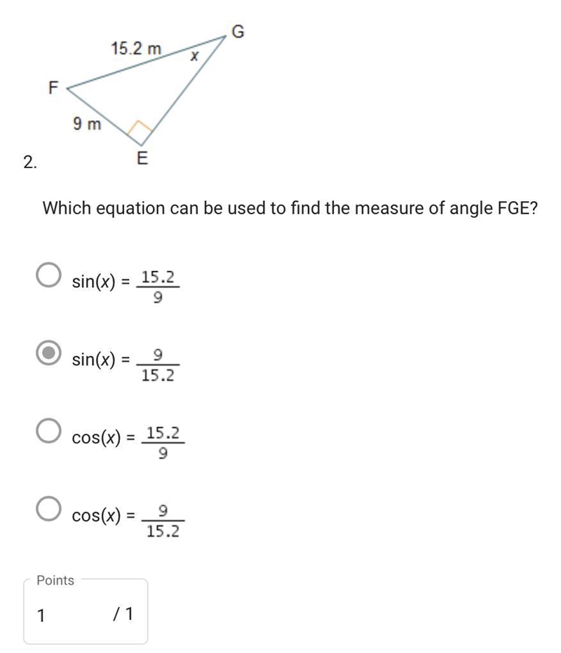 Which equation can be used to find the measure of angle FGE? sin(x) = StartFraction-example-1