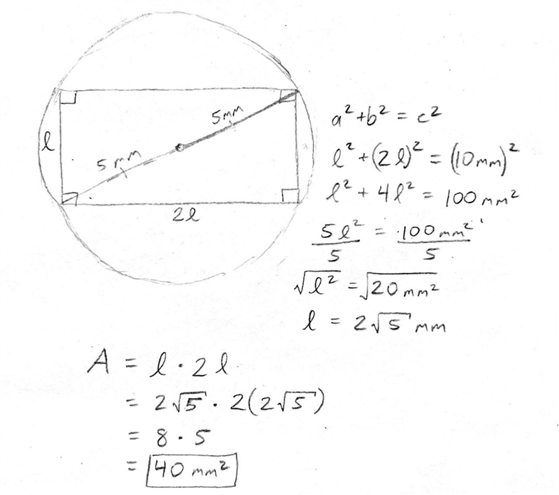 A rectangle whose base is twice it’s altitude is inscribed in a circle whose radius-example-1