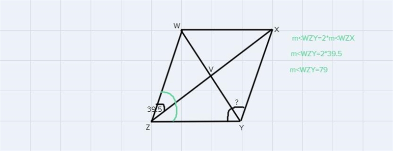 The diagonals of rhombus WXYZ intersect avfm angle w z x equals 39.5 find M angle-example-1