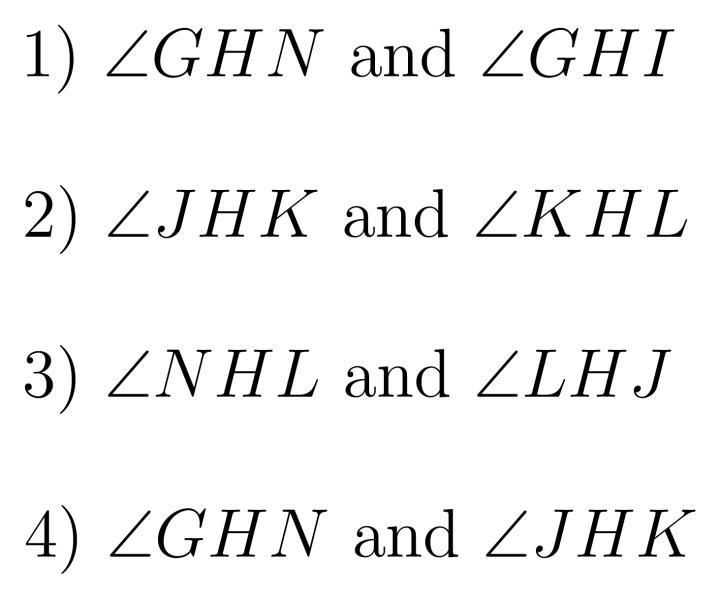 Use the figure shown. 1. Name a pair of adjacent angles. 2. Name a pair of complementary-example-1