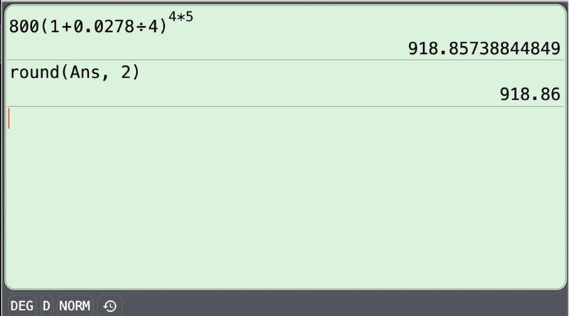 You invet $800. 00 into an account that pay 2. 78% interet compounded quarterly for-example-1