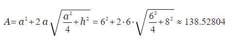 What is the surface area of a square pyramid with a base with a width 6 and a triangular-example-1