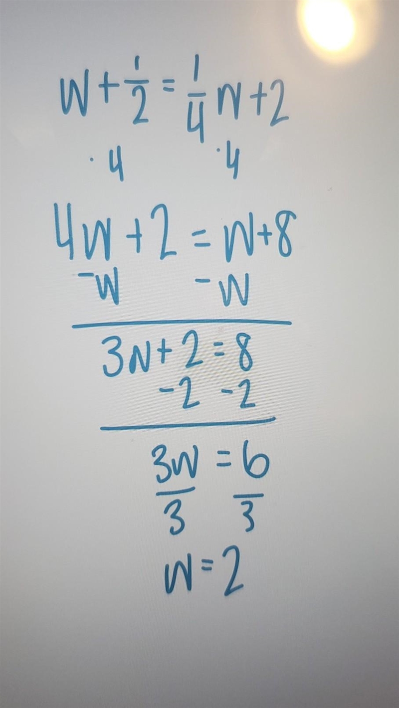 What is the solution for w in the equation? w+1/2=1/4w+2 A. 4 B. 2 C. 10/3 D. 9/3-example-1